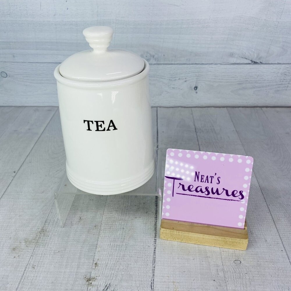 THL Classic Farmhouse TYPEWRITER BLACK LETTER White Ceramic 7.5" Tea Canister